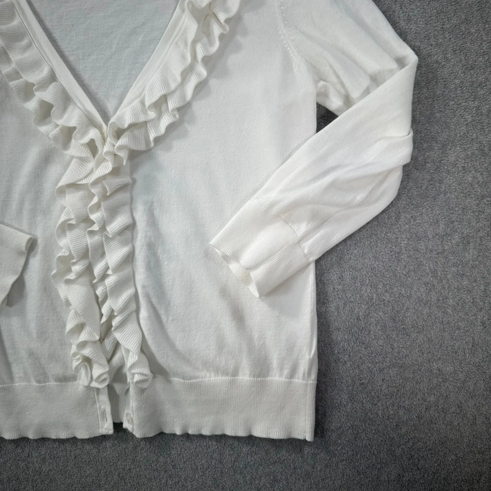 Talbots Button Down Ruffle Knit Cardigan Sweater Size X-Small White Pima Cotton - Image 4