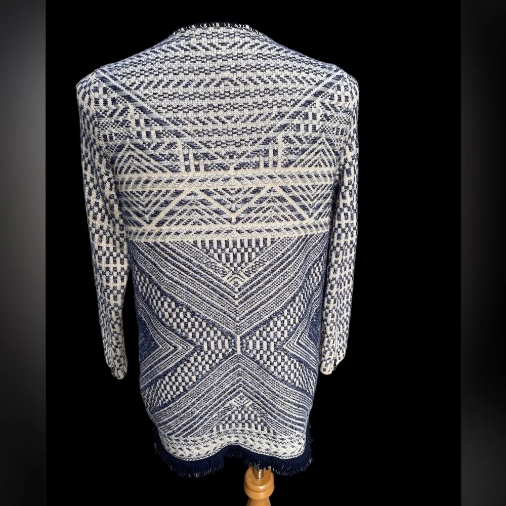 Shacket Blue & Cream Aztec Fringed Open Cardigan Size M - Image 4