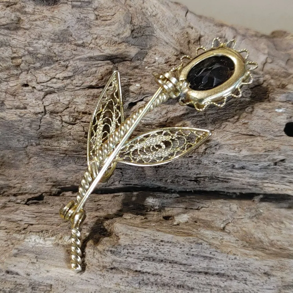 Smokey Quartz Floral Brooch Gilt Filigree Leaf Design Vintage Natural Gemstone Gold Size 2 - Image 3