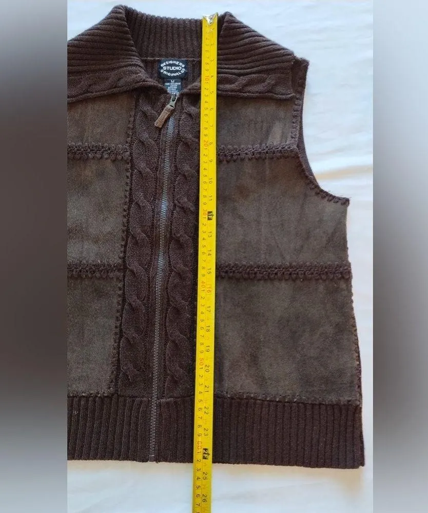 Designer Studio Original VINTAGE Brown leather and knit patchwork vest M Size M - Image 10