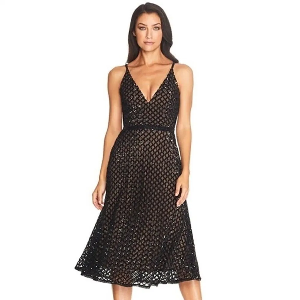 Dress‎ The Population Gracie Sequin V-Neck Cocktail Midi Dress Black Nude XXS - Image 2