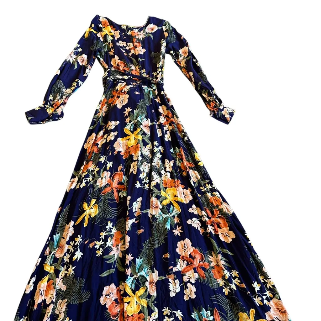 Meghan LA Lilypad Iris Navy Bell Sleeve Open Slit Maxi Dress Size Small Women's - Image 15