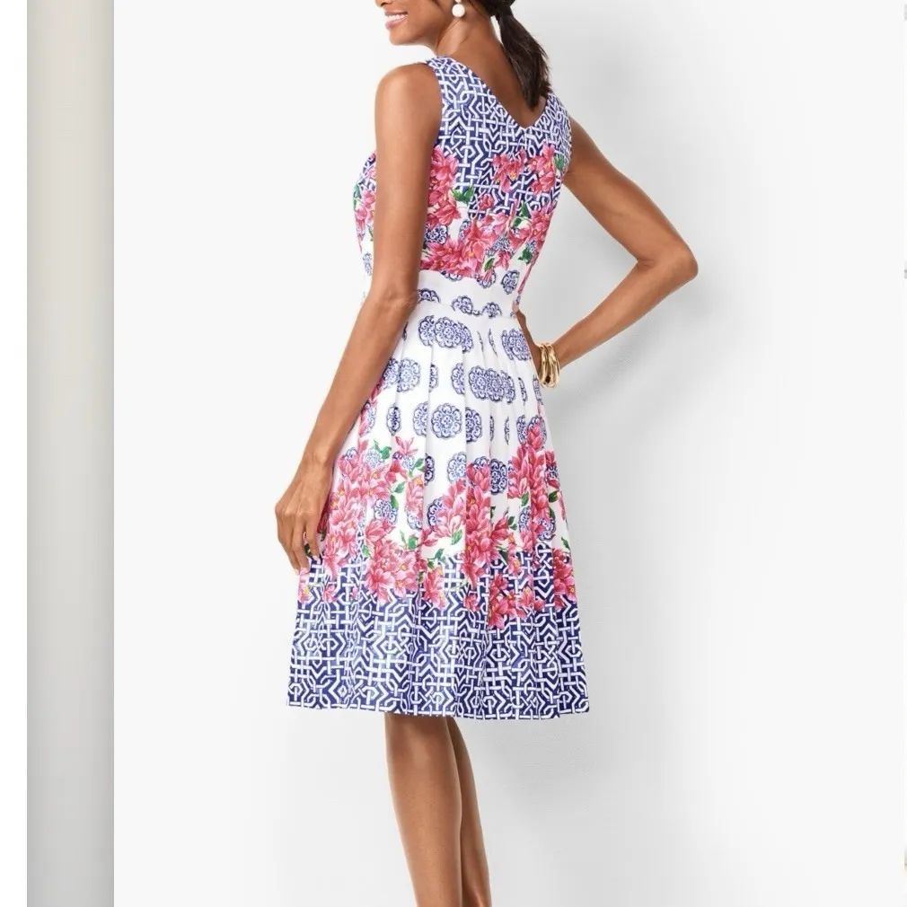 Talbots Mosaic Blue Red Floral Sateen Sleeveless Flare‎ Dress Pockets Size 10 - Image 2