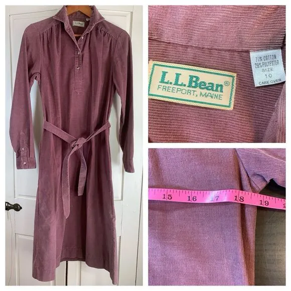 Vtg LL Bean Corduroy Shirt Dress Sz 10 Button Pockets Belt Cottage Peasant Retro - Image 2