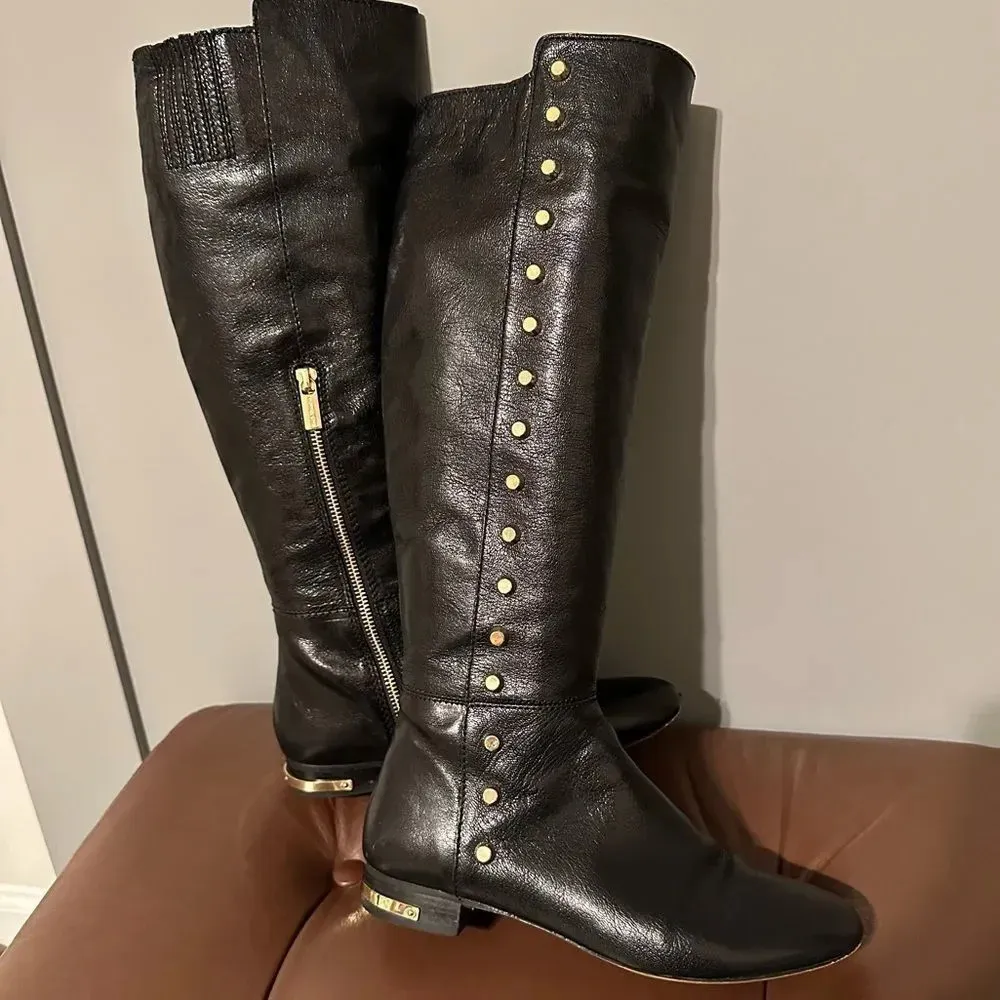 Michael Kors Womens Ailee Riding Boots Black Leather Knee High Studded 6.5 - Image 3
