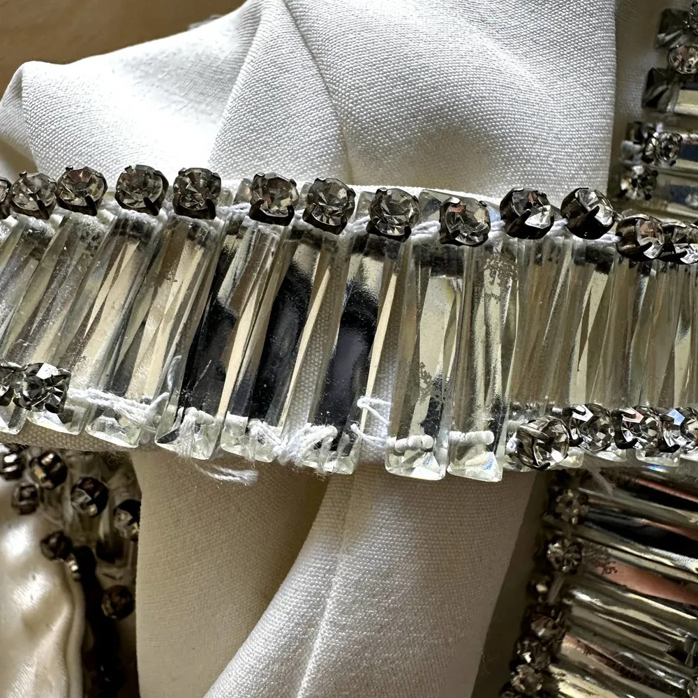 Tavi Mini Dress Plunging V Neck Cross Back Crystal Embellished White Small - Image 6