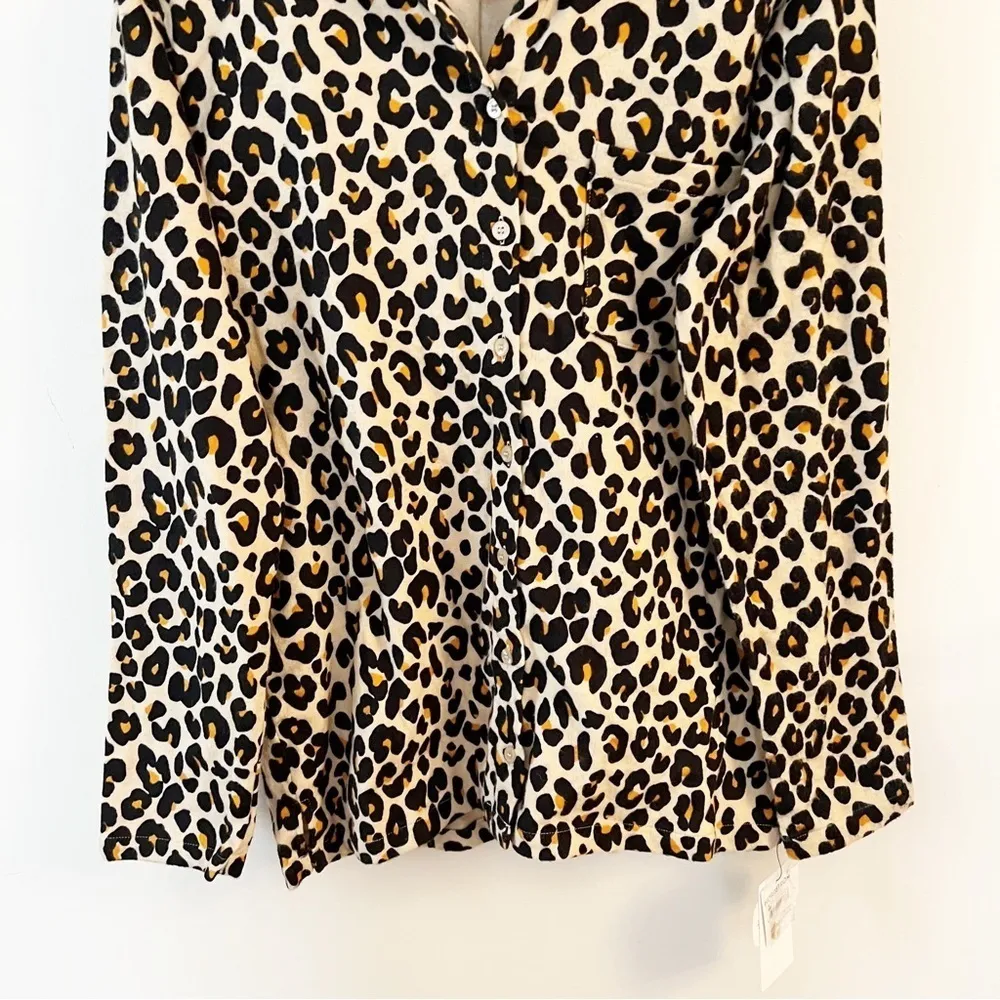 NWT NORDSTROM FAMILY FLANNEL PATCHWORK PAJAMA TOP IN TAN LEOPARD PRINT SZ M - Image 3