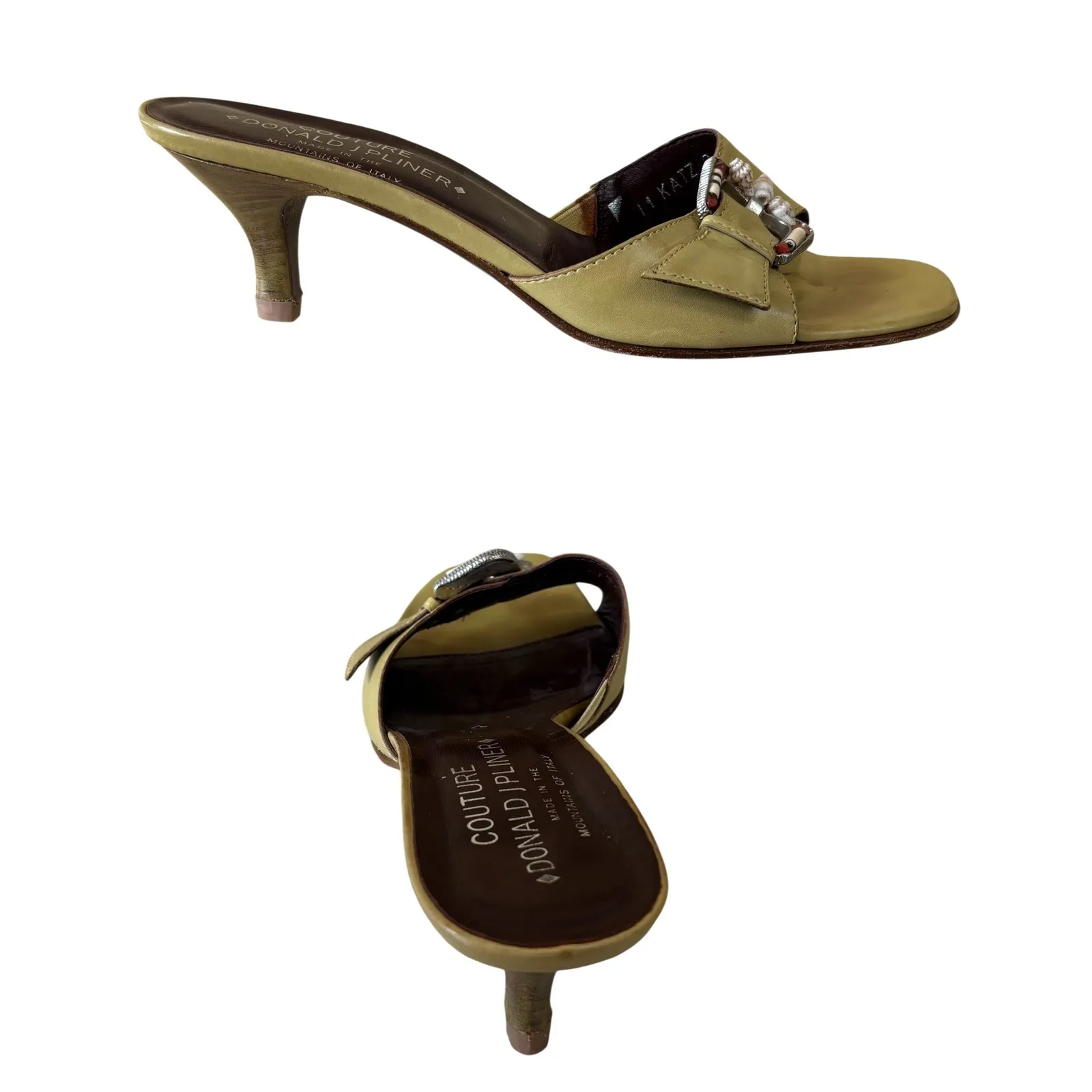 Donald Pliner Sage Green Leather Sea Shells Embellished Metal Buckle Shoe Slide Size 8 - Image 4