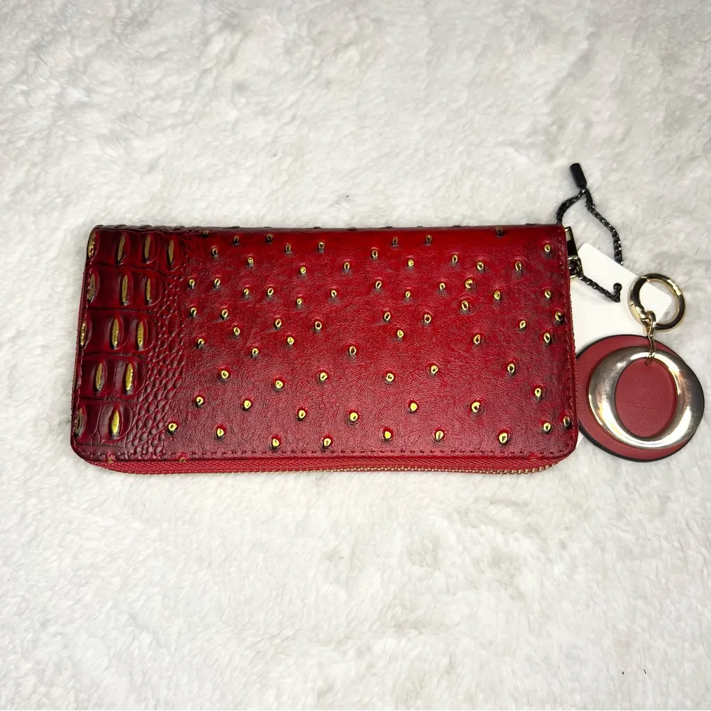 NWT Red Faux Ostrich Leather Textured Zip Around Wallet Wristlet with Keychain - Image 10