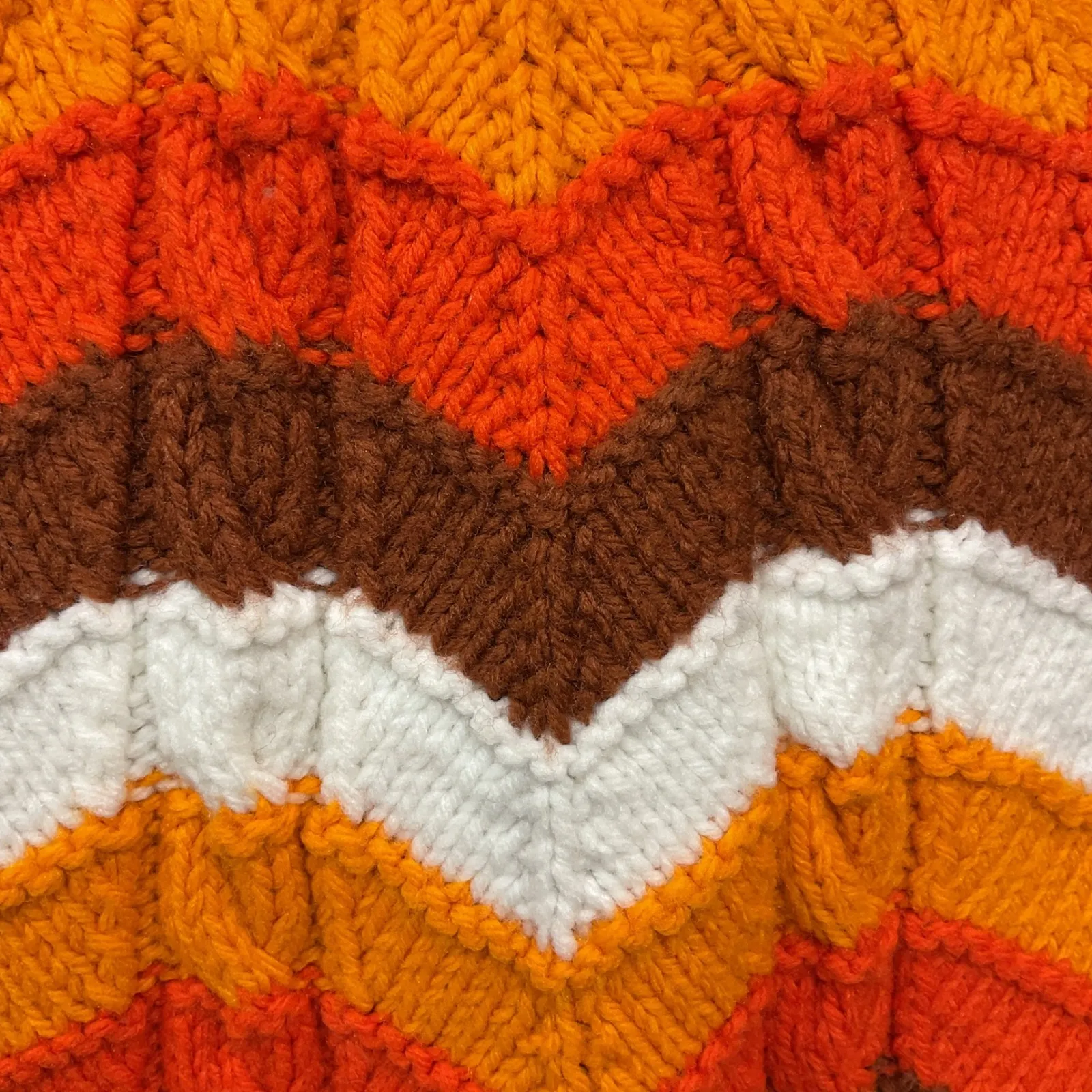 70's Groovy Knit Shawl Poncho Button Wrap Zig Zag Chevron Pattern Fringe Size S Orange - Image 6