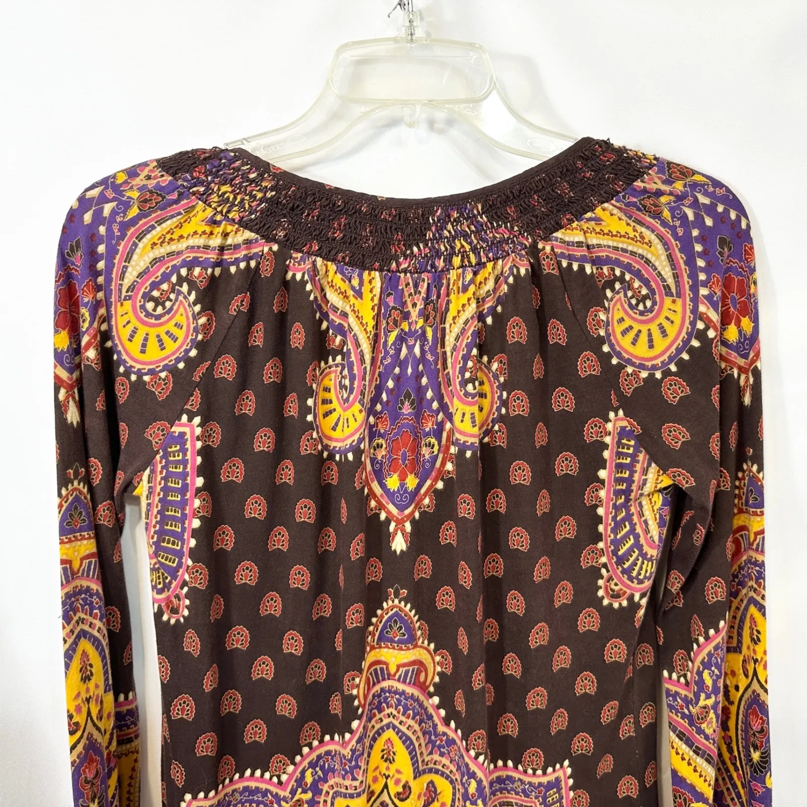 Lucky Brand XS‎ Top VTG Y2K Hippie Paisley Smocked Brown Lotus Grunge Boho 1309 - Image 6