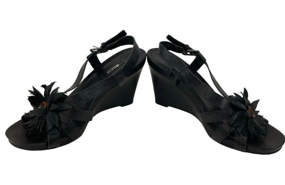 ECCO Wedge Heel Women Size 39 Black Leather Flower Strappy Slingback Casual Shoe - Image 11