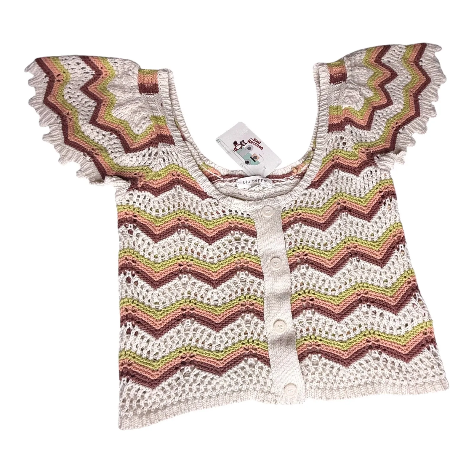 Chevron CROCHET TOP Women's LG Knit Red Raccoon Blu Pepper Pink Cotton Crop NWT - Image 7