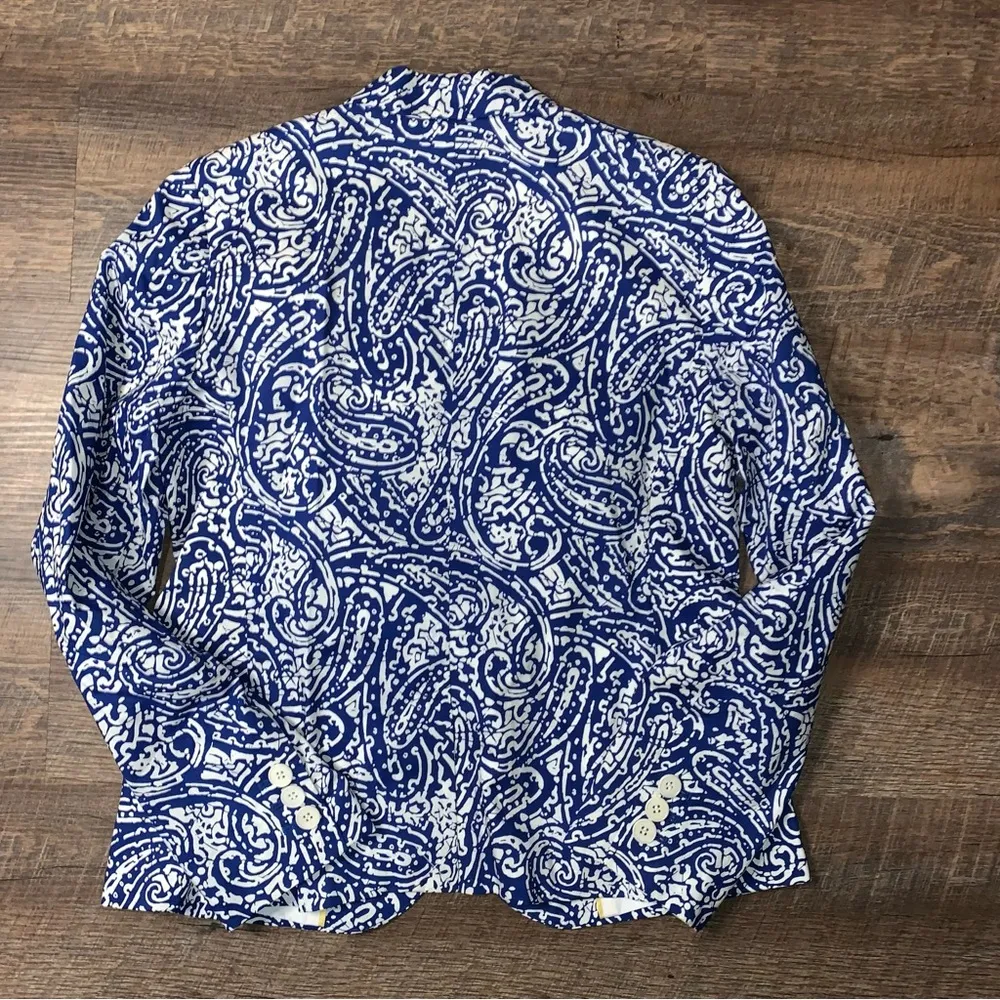 Talbots Blue White Batik Print Cotton Blazer Size 8 - Image 4