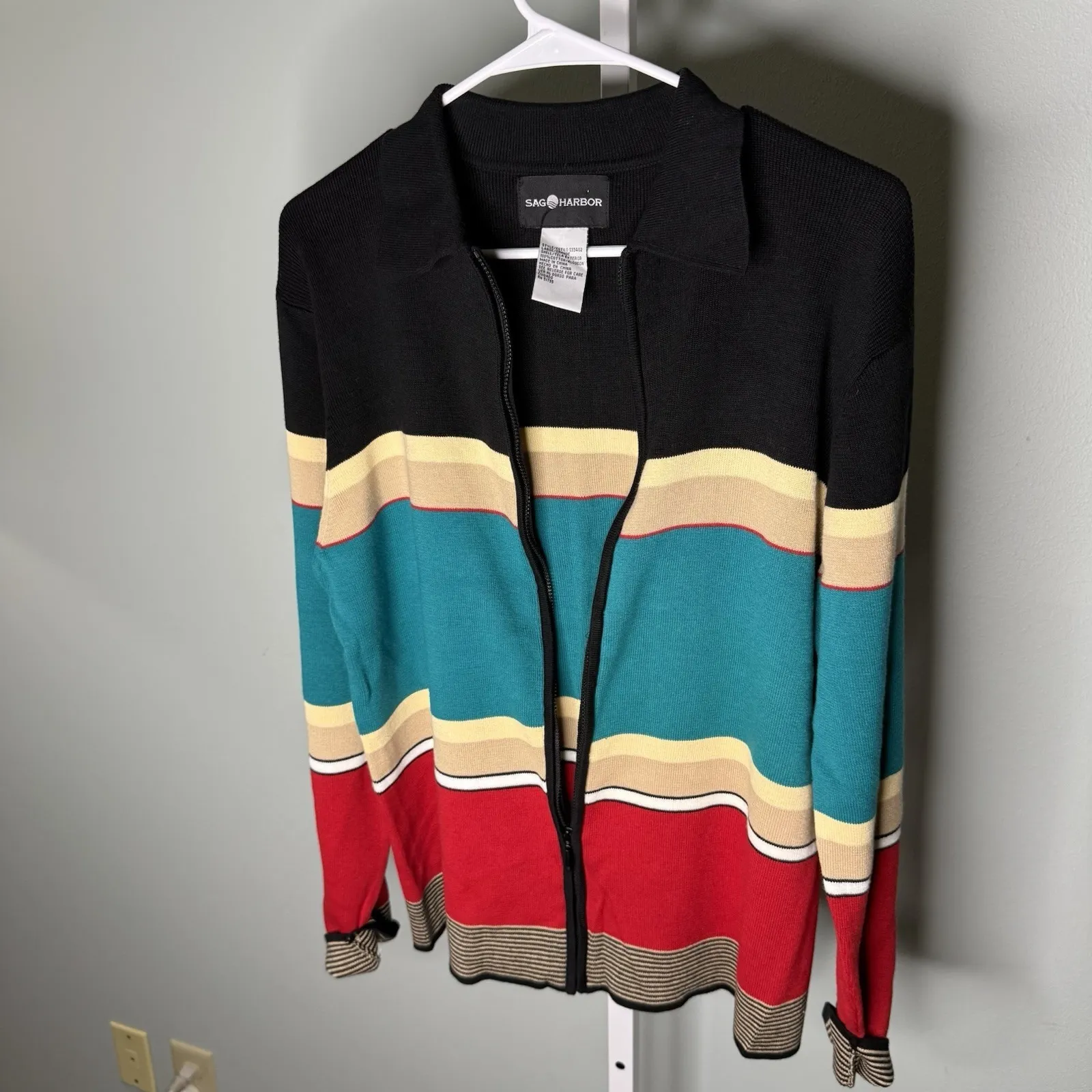 Women's Sag Harbor Zip Up Colorful Sweater Stripe  Large Cotton - Image 5