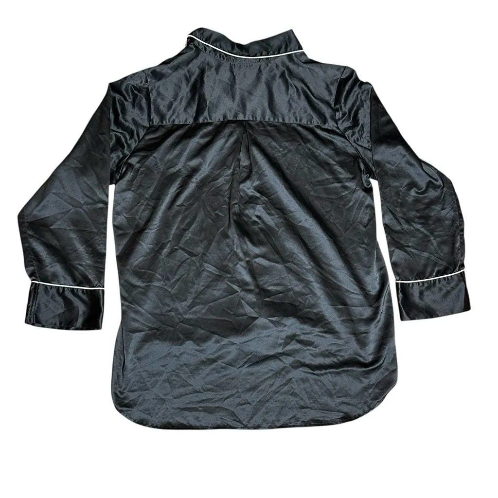 Natori Black Satin Pajama Set Button Down Long Sleeve/Pants White Piping Medium - Image 4