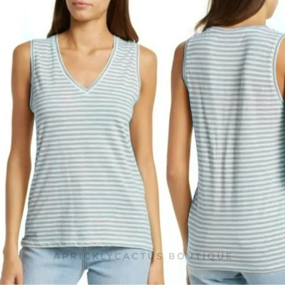 NWT  Warhol Periwinkle White Stripe V-Neck Sleeveless Tank Top Shirt New - Image 2