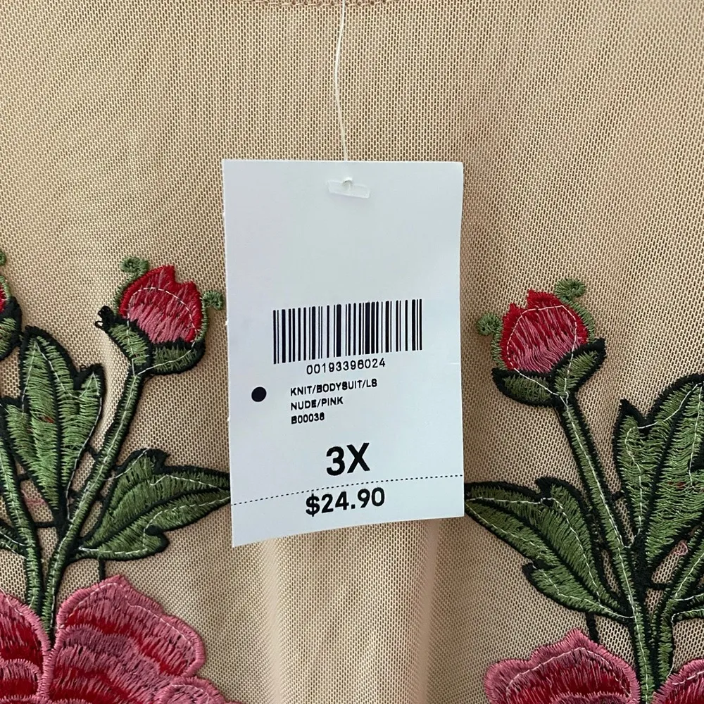 NWT Forever 21 Plus Floral Appliqué Nude Mesh Long Sleeve Bodysuit Size 3X - Image 5