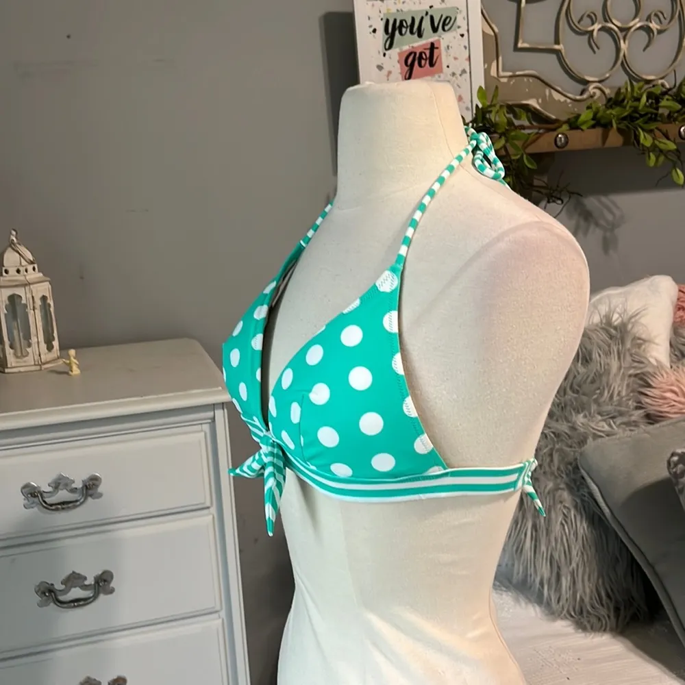 Victoria Secret Bikini Top Swimsuit Polka Dot Medium Green White  Tie Back - Image 10