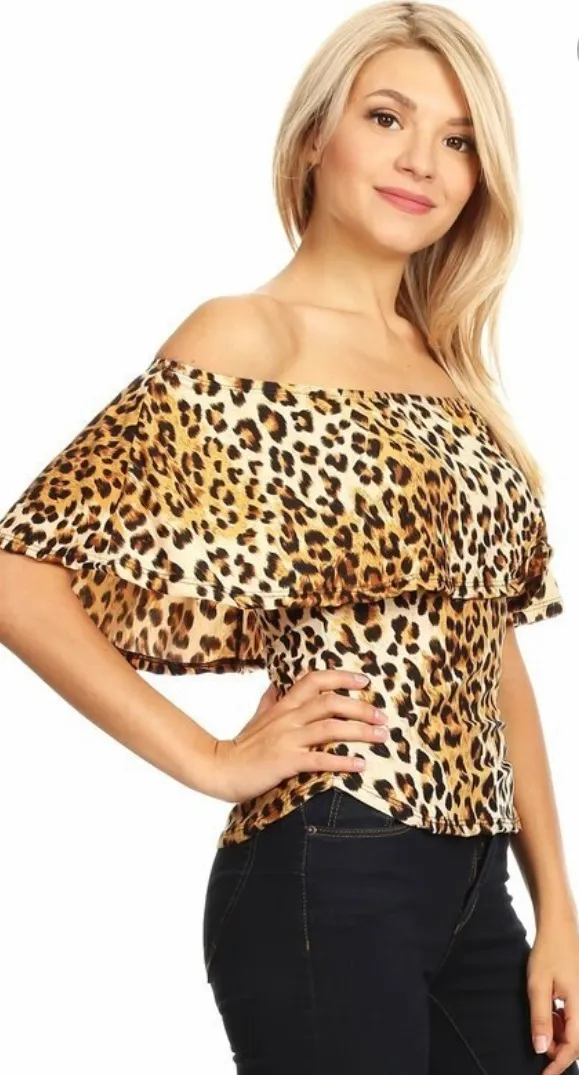 Women’s Animal Print Off the Shoulder Blouse Sz M - Image 2