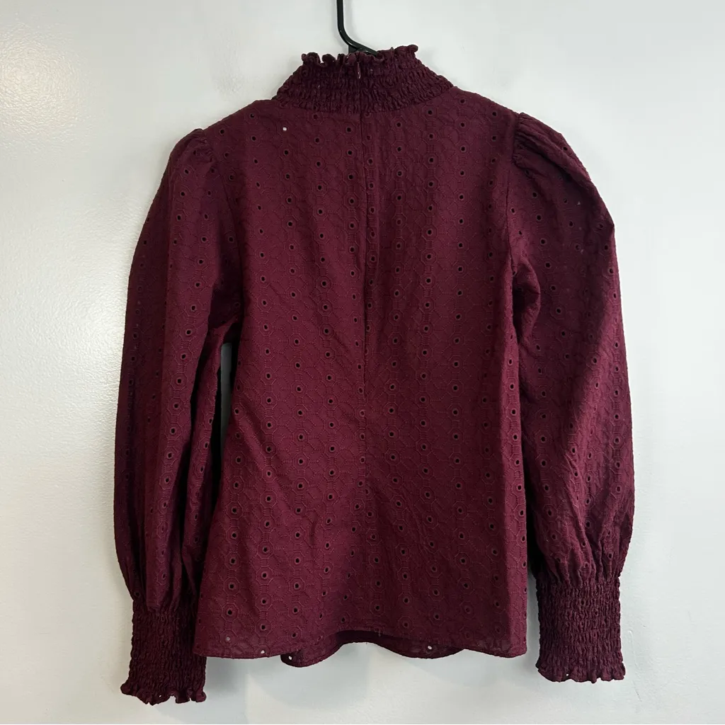 Veronica Beard Gaia Smocked Cotton Eyelet High Neck Merlot Burgundy Top Size 6 - Image 10