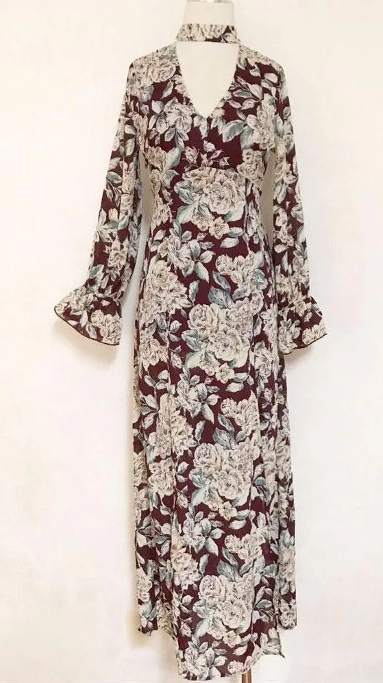 Choker Floral Retro Slit Maxi Dress - Image 4