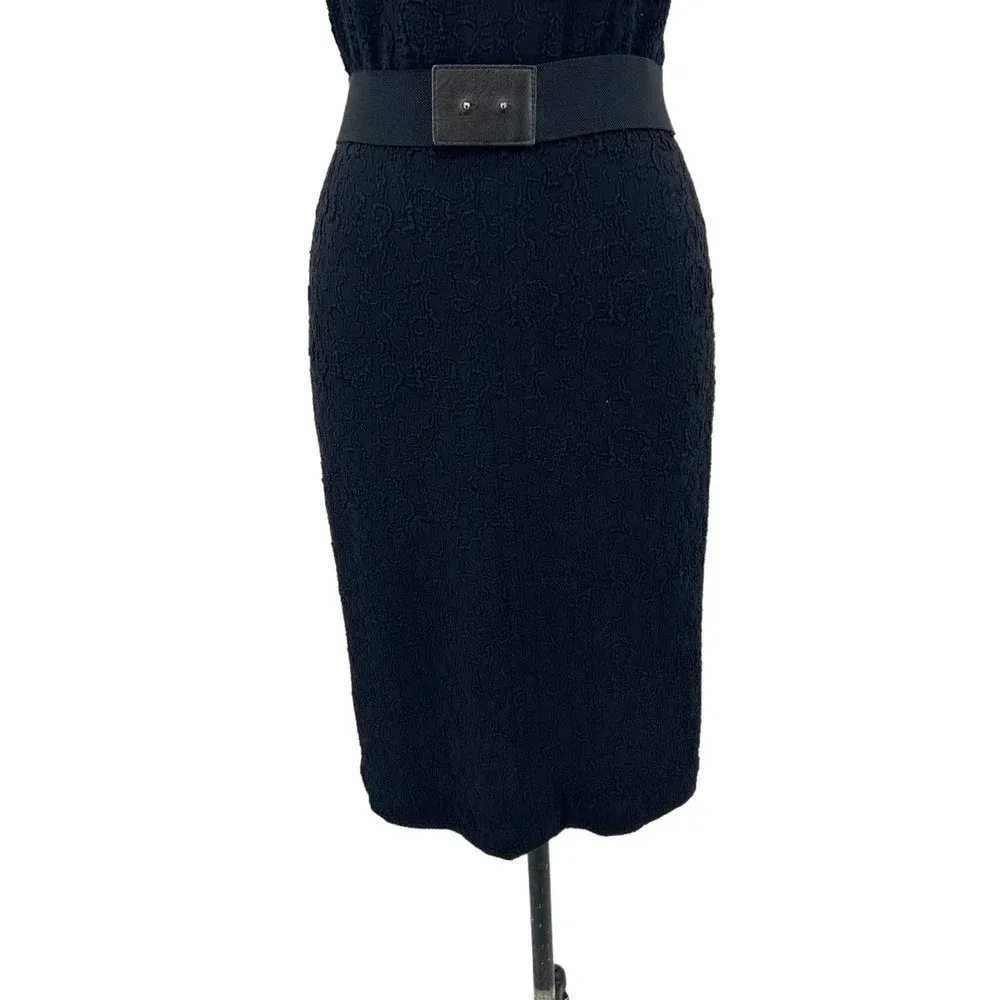 Teri Jon Sportswear Black Crepe Textured Leather Trim Sheath Dress Size 8‎ - Image 3