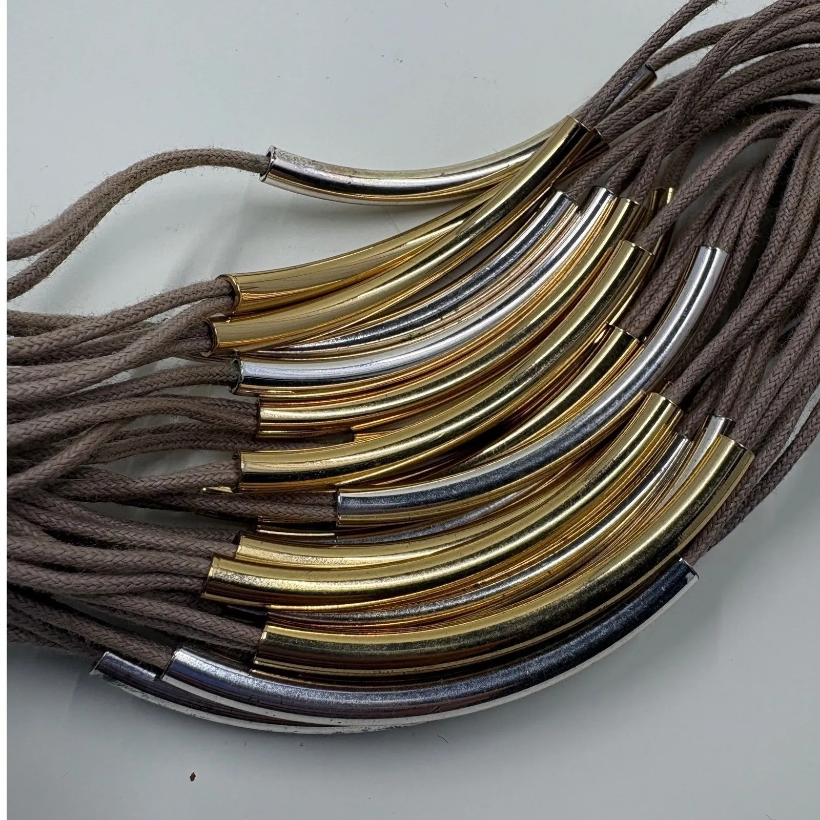 Gillian Julius RB2M Multi Strand Cord Bracelet Taupe Metal Tube Gold Silver Tone Tan - Image 8