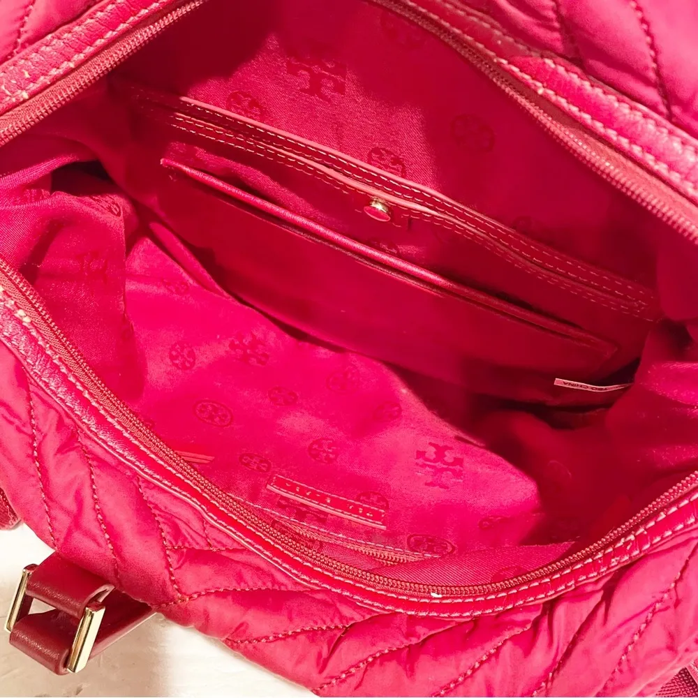 Tory Burch Red Quilted Nylon Slouchy Satchel Shoulder Handbag Purse - Image 6
