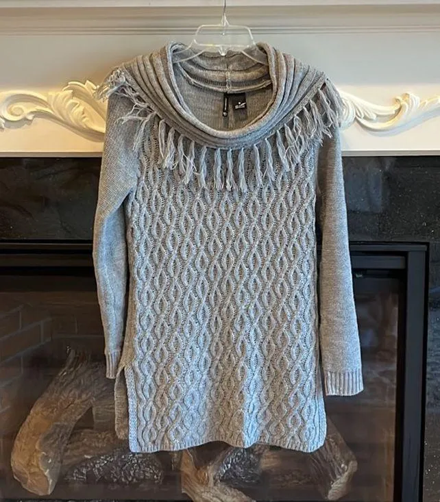 Sweater Tunic Short Dress Drape Neck Cable Knit Fringe Womens Medium - Image 6