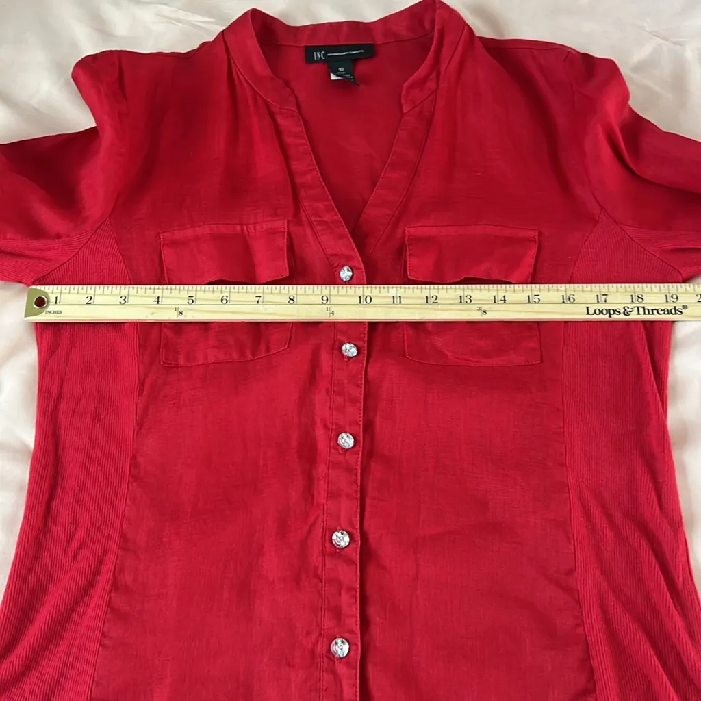 INC‎ Red Linen Roll Tab Sleeve Jewel Button Up V - Image 11