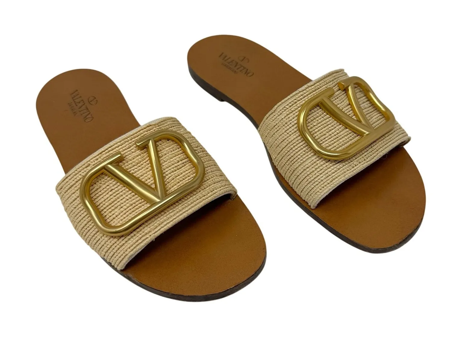 Valentino Garavani VLogo Raffia Slide Sandals Beige Gold Flat Slides EU 38 - Image 1