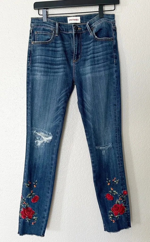 Driftwood Jeans Jackie Floral Embroidered Distressed Mid-Rise Skinny Boho Sz 27 - Image 1