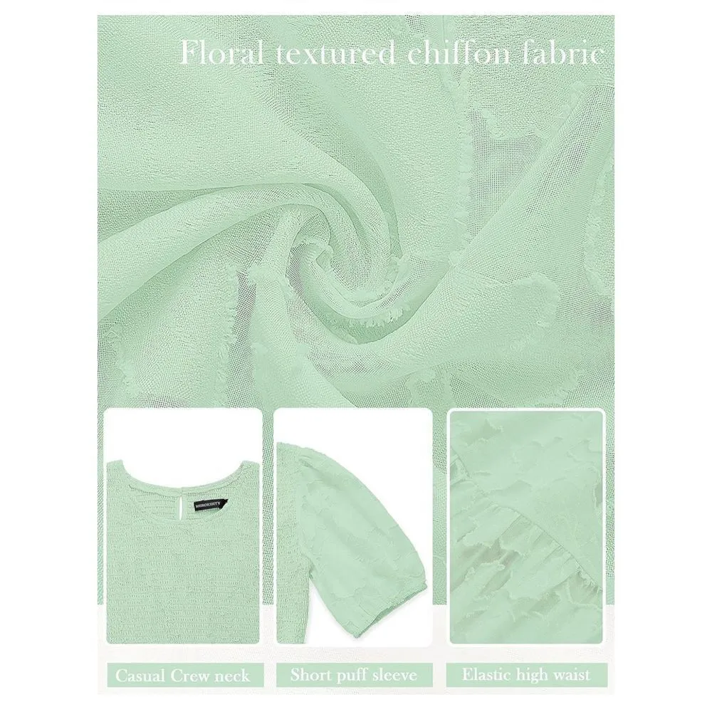 NEW Puff Sleeve Smocked Floral Dress Flowy Tiered Midi Dress S Green - Image 4