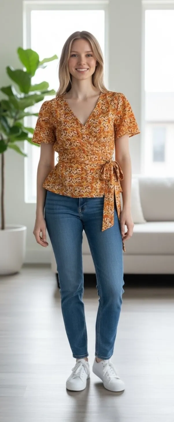 Max Studio Floral Wrap Blouse Flutter‎ Sleeve Tie Waist Autumn Colors Top - Image 1