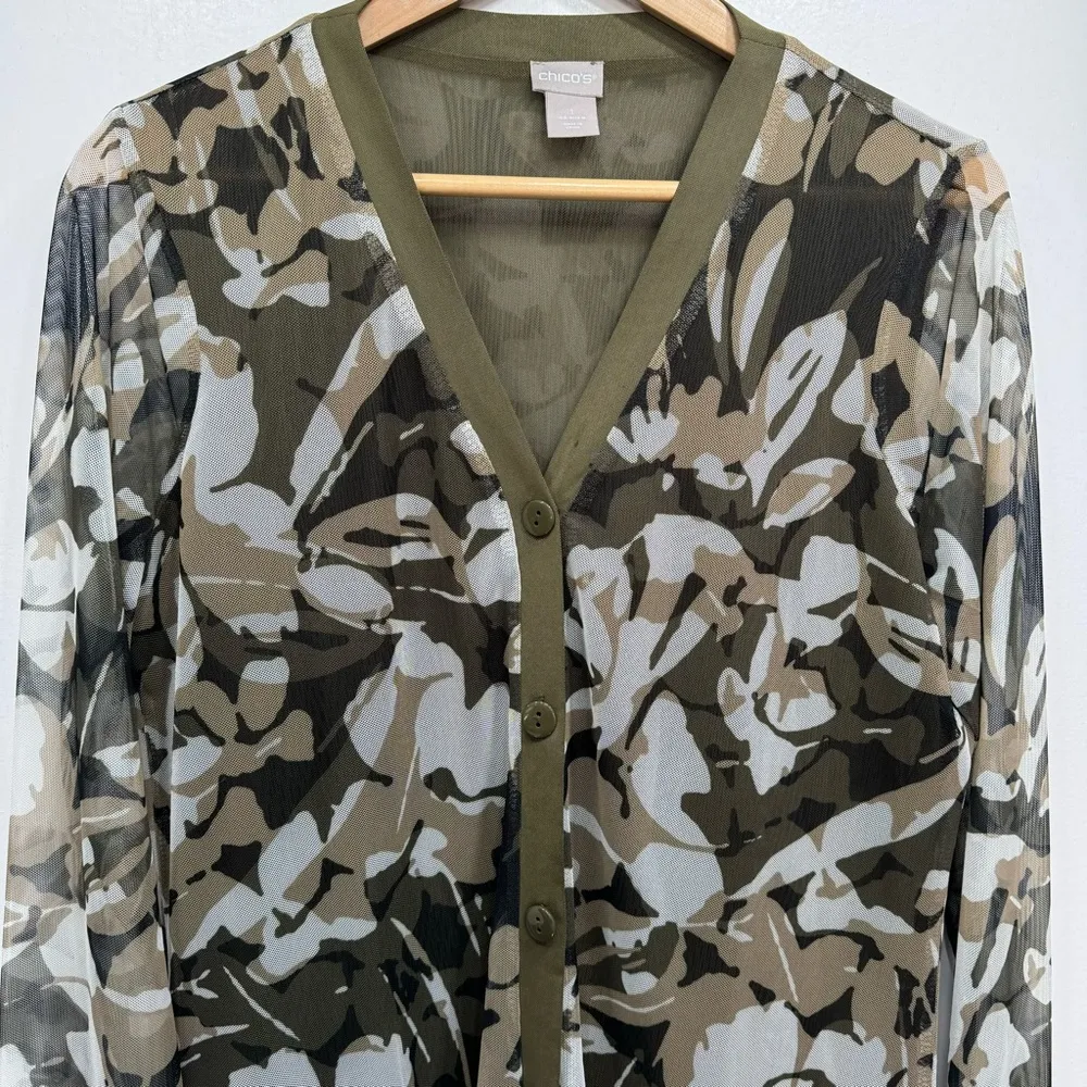 Chico’s Floral Camouflage Button Front Cardigan with Sheer Long Sleeves Size 1/M - Image 3