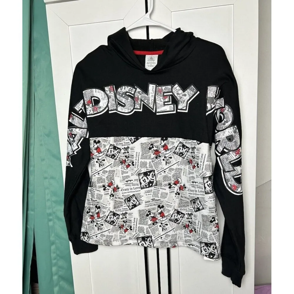 Walt Disney World Mickey & Minnie Mouse Hoodie Newsprint Hooded Sweatshirt Sz M‎ - Image 3