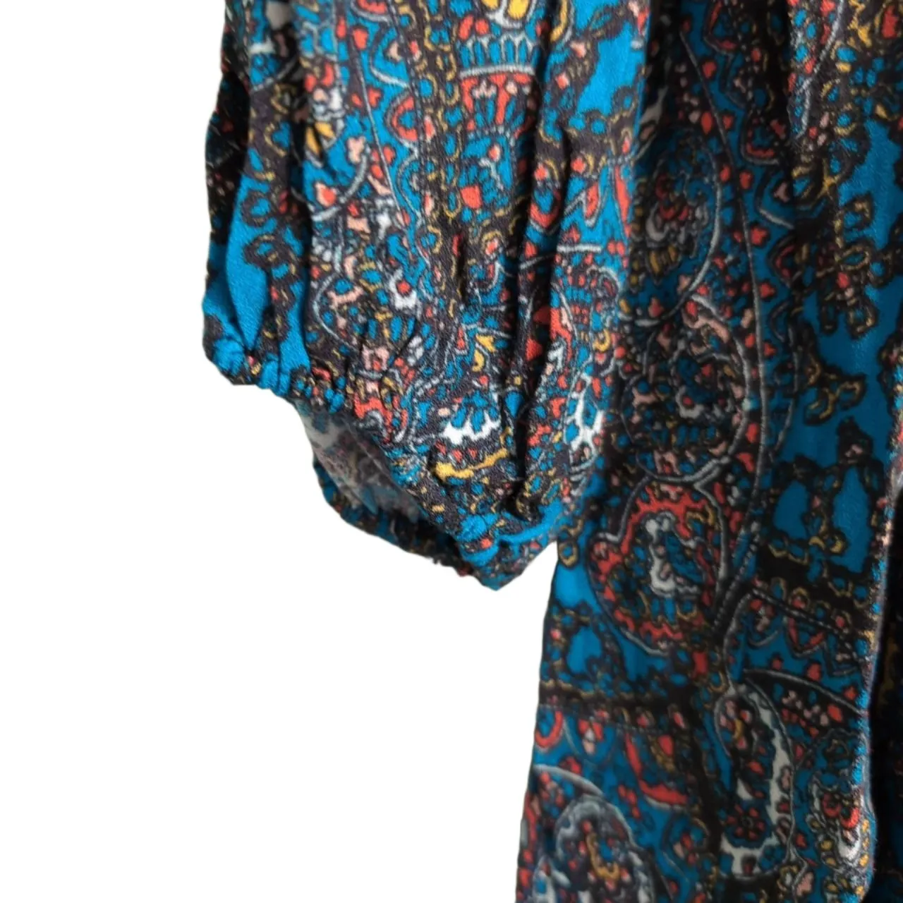 Alice + Olivia Cary Blouson Blue Batik Print V-Neck Fit & Flare Mini Dress 2 - Image 4