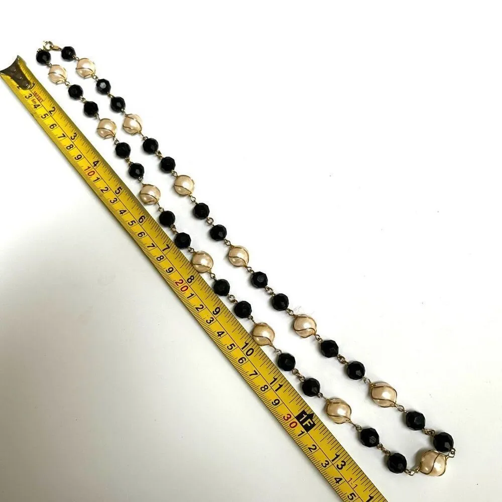 Trifari  cream  Faux Pearl Gold Tone black beaded long vintage necklace - Image 4
