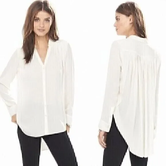 EXPRESS Cream Ivory Accordion Pleated Pleat Back Long Sleeve Button Down Small - Image 2