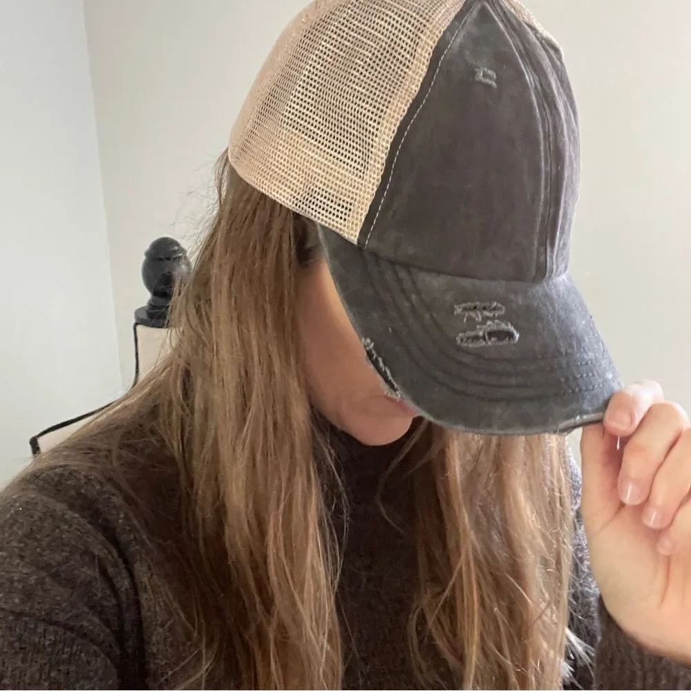 CC Canvas‎ Cotton Distressed Brim Strap Hat Mesh Ponytail Holder Baseball Cap OS Gray - Image 12