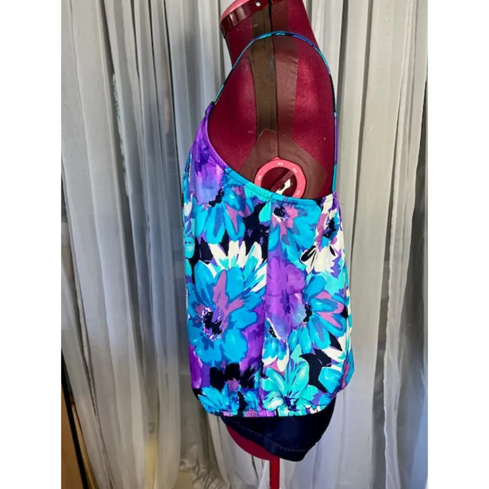 Le cove one piece swimsuit Vintage floral tankini look blue purple white Size 12 - Image 5