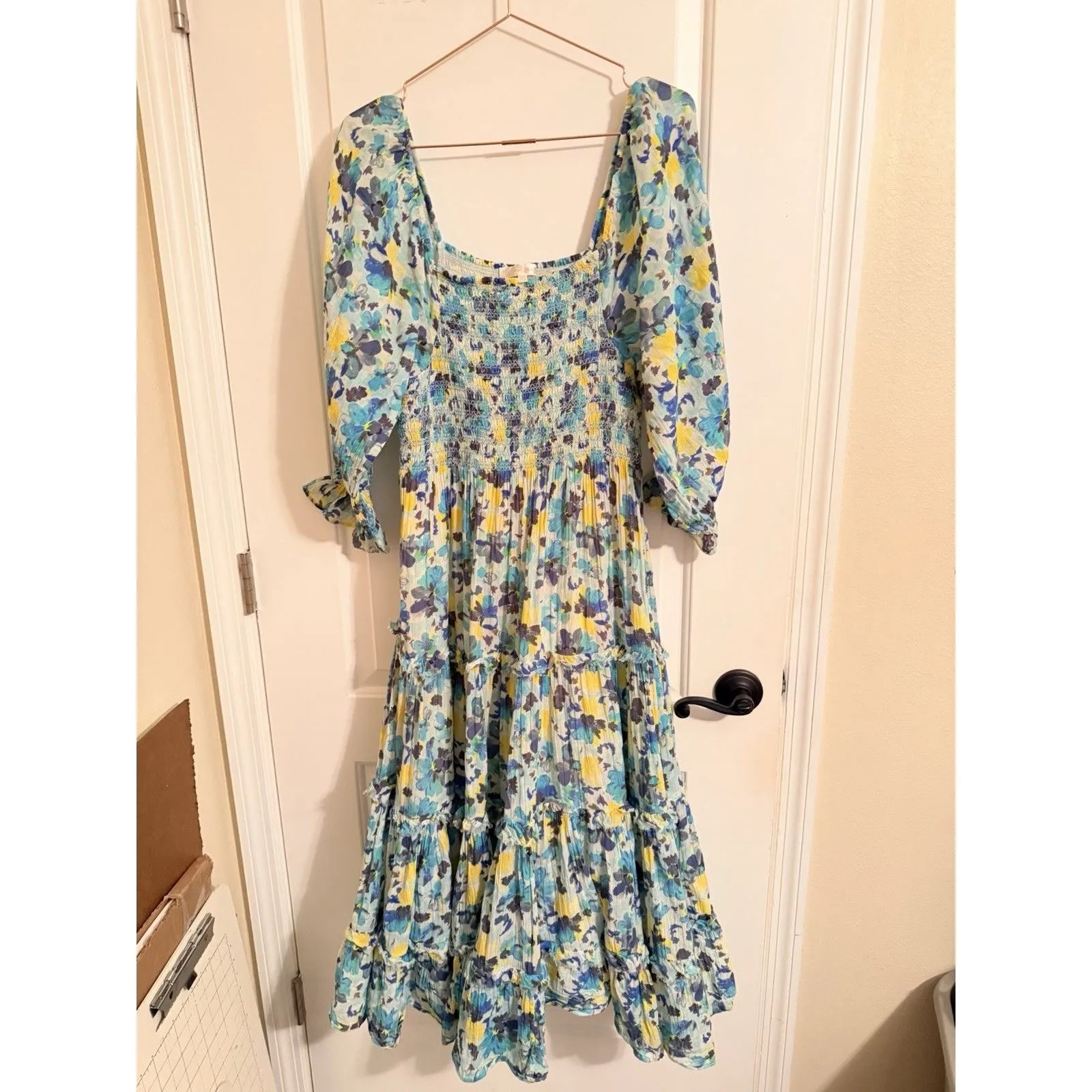 LoveShackFancy Capri Midi Dress- Size L Blue Multi 3/4 Sleeves Smocked Waist - Image 5