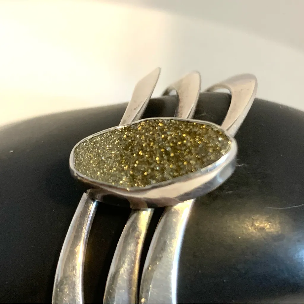 925 STERLING SILVER BANGLE CUFF BRACELET WITH GOLD DRUZY QUARTZ - Image 6