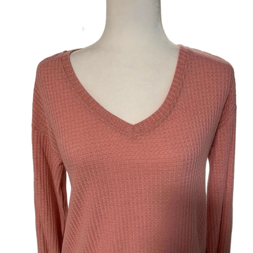 Lauren Conrad LC | Pink Textured Knit Sparkle Tie Front Long Sleeve Size Small - Image 2