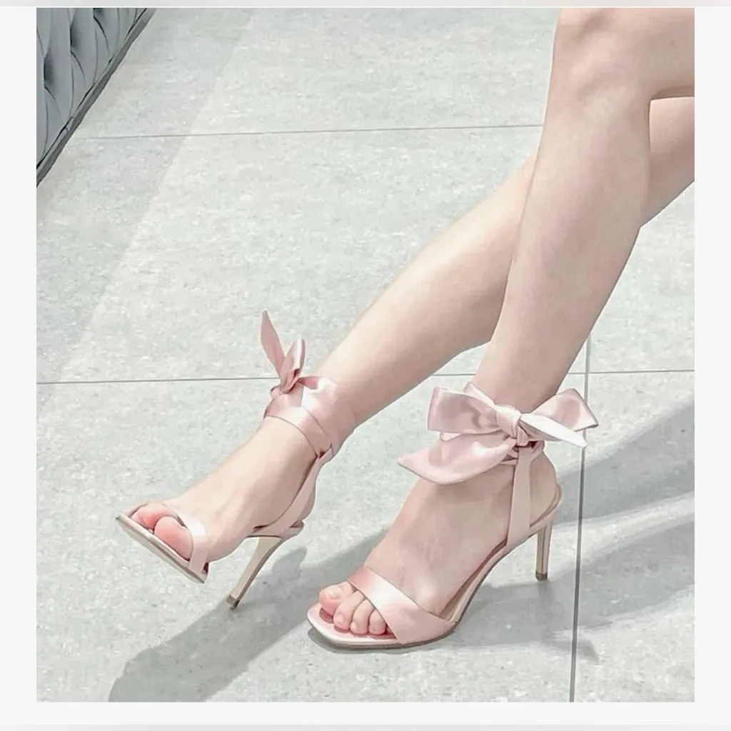 NEW Stiletto Sandals Pink Satin Bow Tie Square Toe Open Toe Sandals Heels 9.5 - Image 4