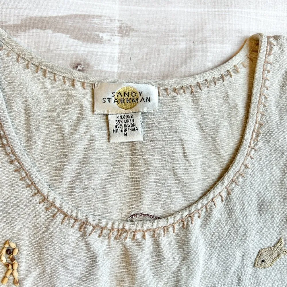 Sandy Starkman Vintage Linen Seashell Beachy Sheath Maxi Dress Size M Tan Size M - Image 4