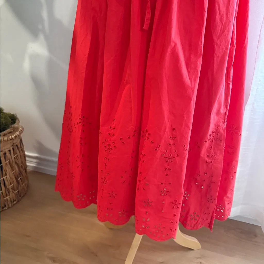 Free Assembly | Plus Tie Front Cotton Eyelet Midi Dress with Short Puff Sleeves Red - Image 3