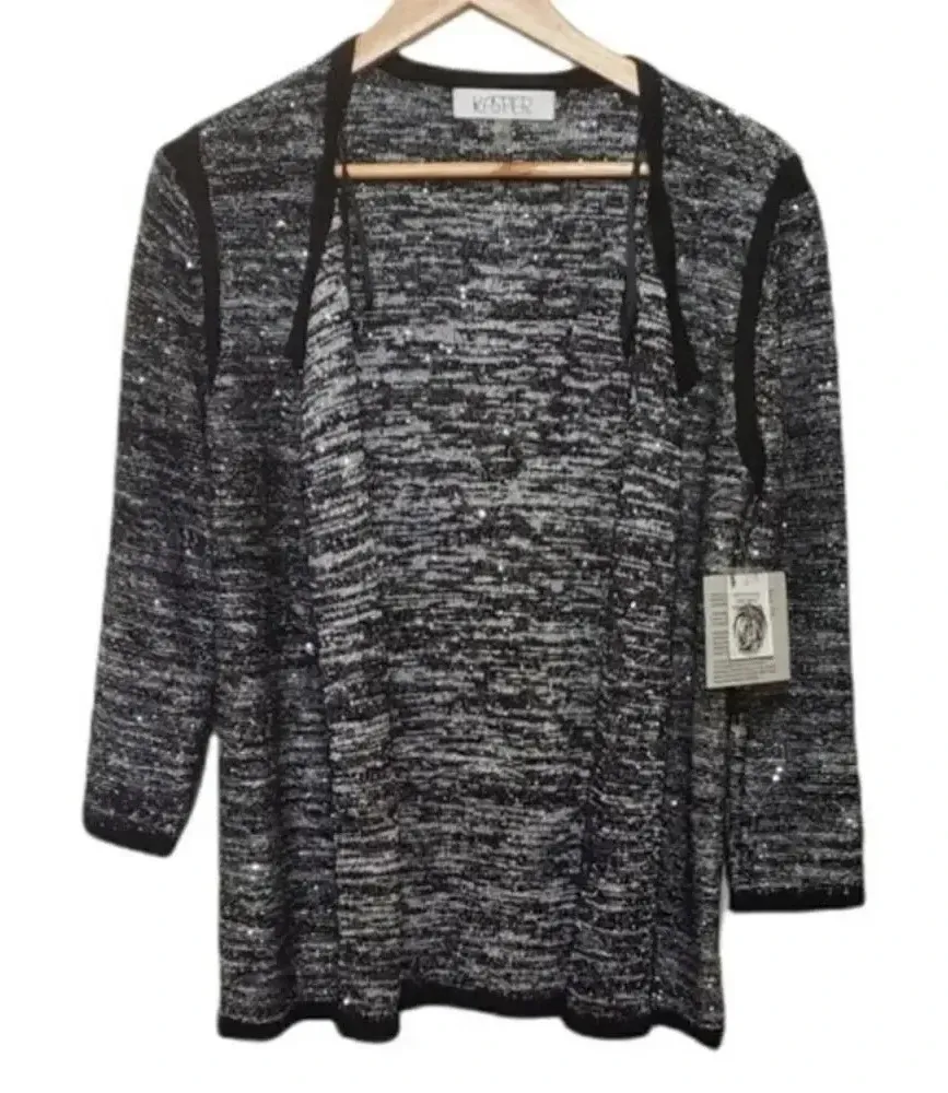Kasper Sequins Open Front Cardigan Sweater Black Silver Metallic Knit NWT Size S - Image 1