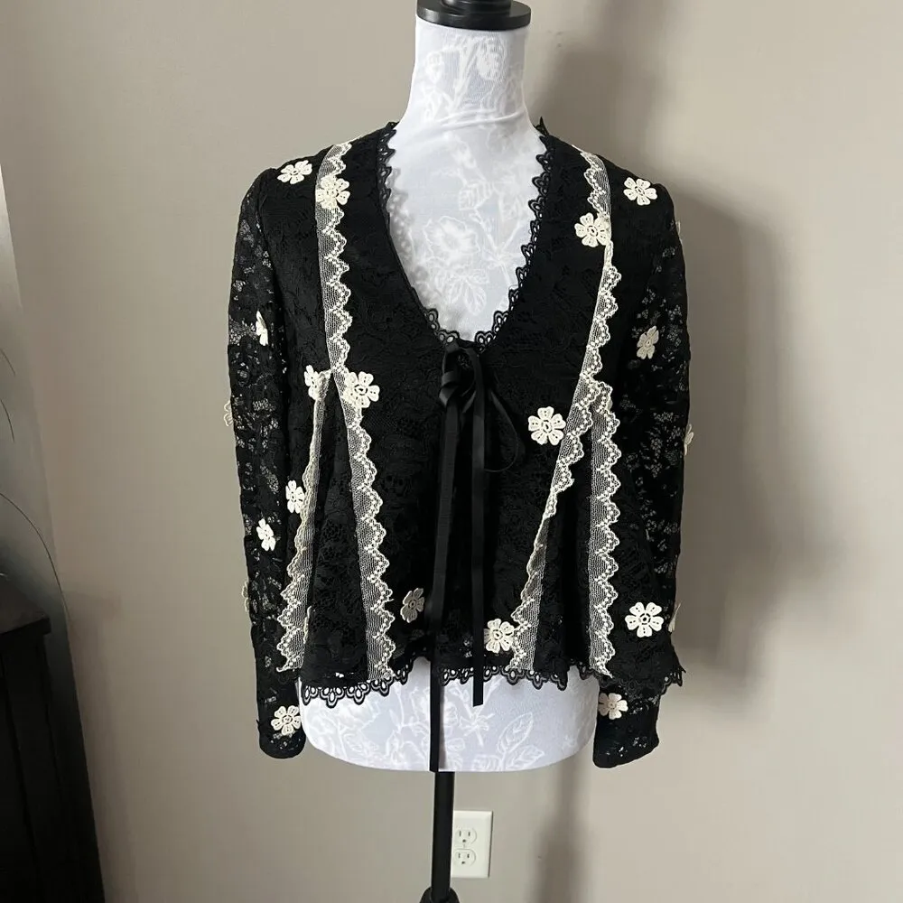 Alexis Cyndi Black Floral Applique Lace Long Sleeve Womens Top Shirt Xsmall - Image 5